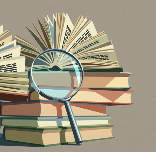 Magnified glass over the dozens of books - conceptual research illustration