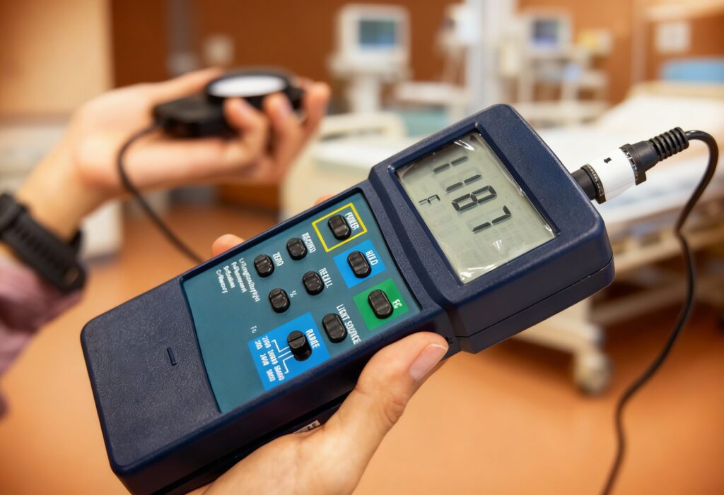 Hand with radiometer against the hospital background