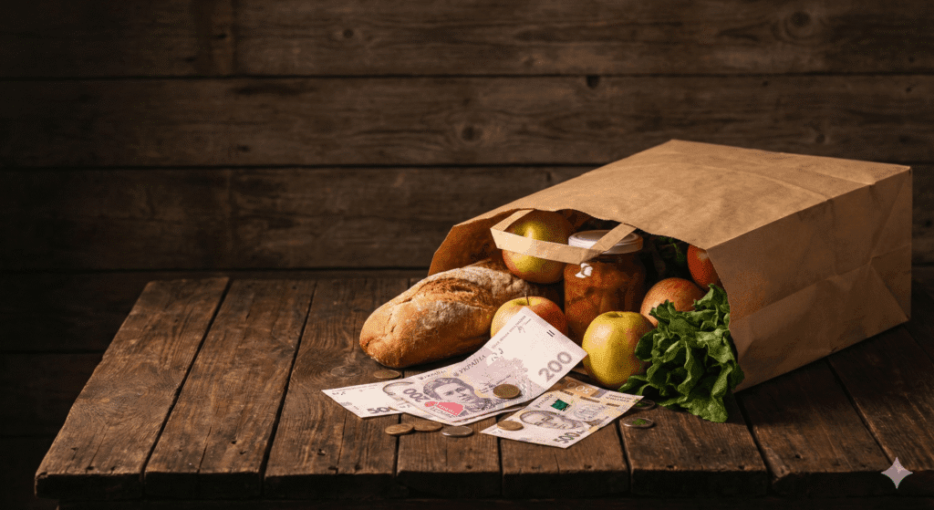 Paper bag full of groceries and Ukrainian Hryvniia