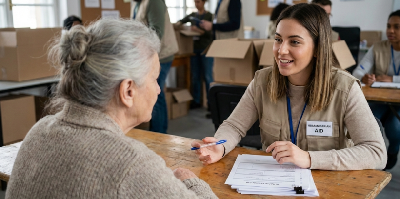 Young female worker helps elderly woman to fill out the form